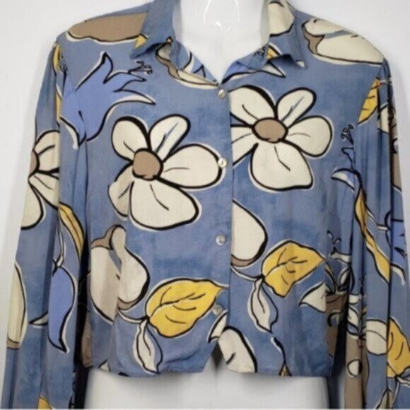 Zara Cropped Long Sleeve Floral Print Button up Top Size Medium Blue Whi… - Picture 5 of 12